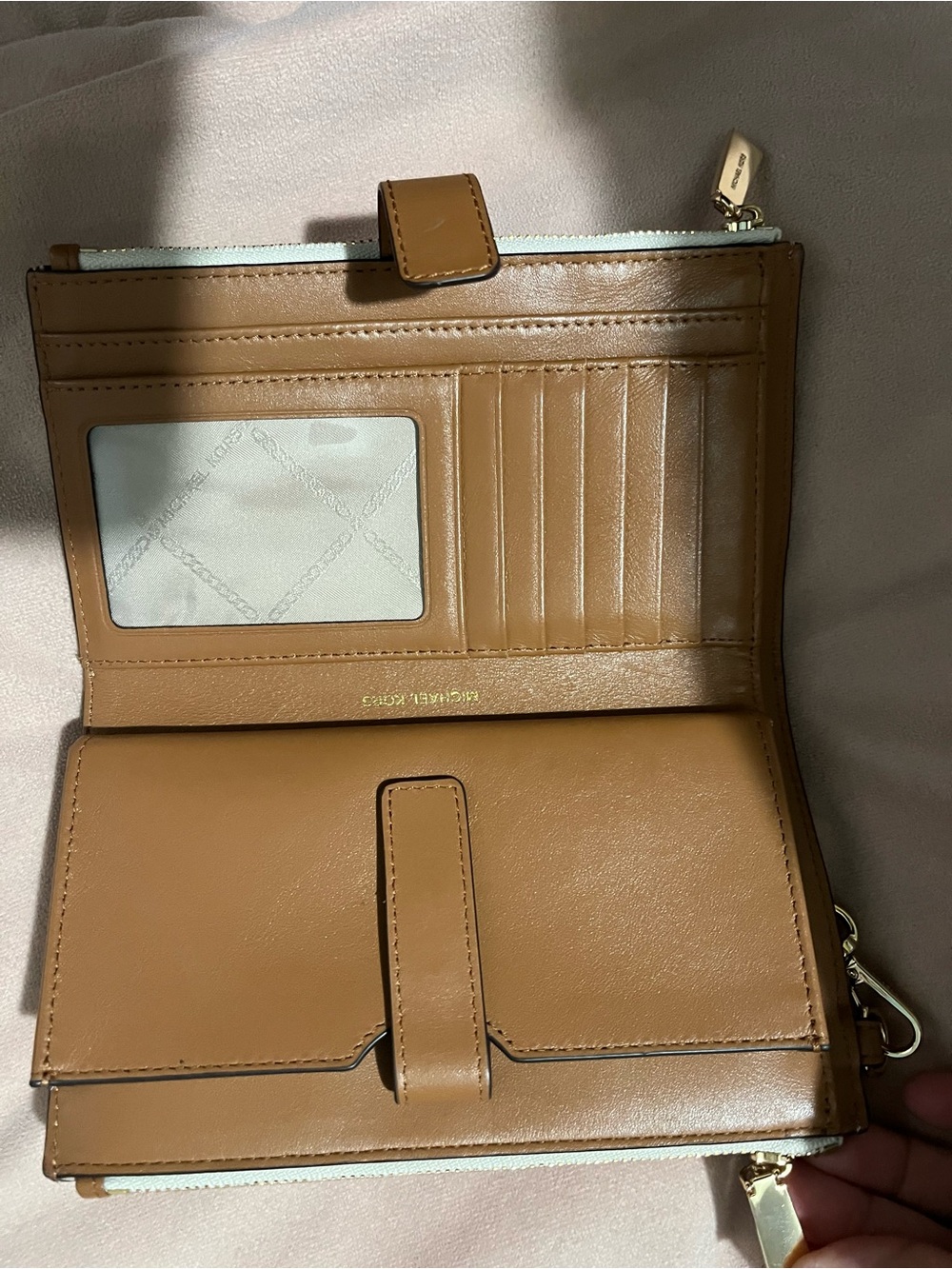 Michael Kors Cream and Taupe Logo Wristlet with Gold Plate - Picture 4 of 6